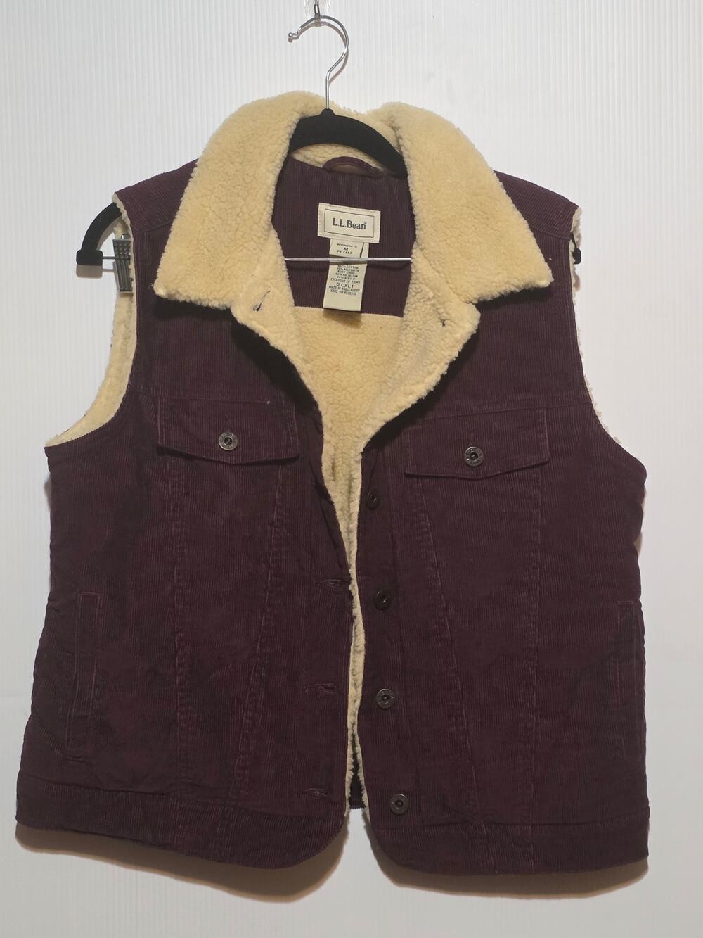 LL Bean Corduroy Sherpa Fleece Lined Vest Burgundy Plum Fall Cabincore Size MP